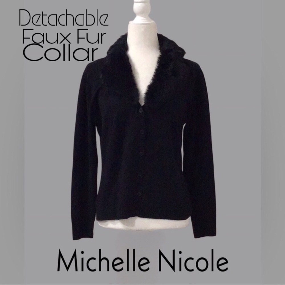 MICHELLE NICOLE Black Button-Up Cardigan with Detachable Faux Fur Collar PLarge